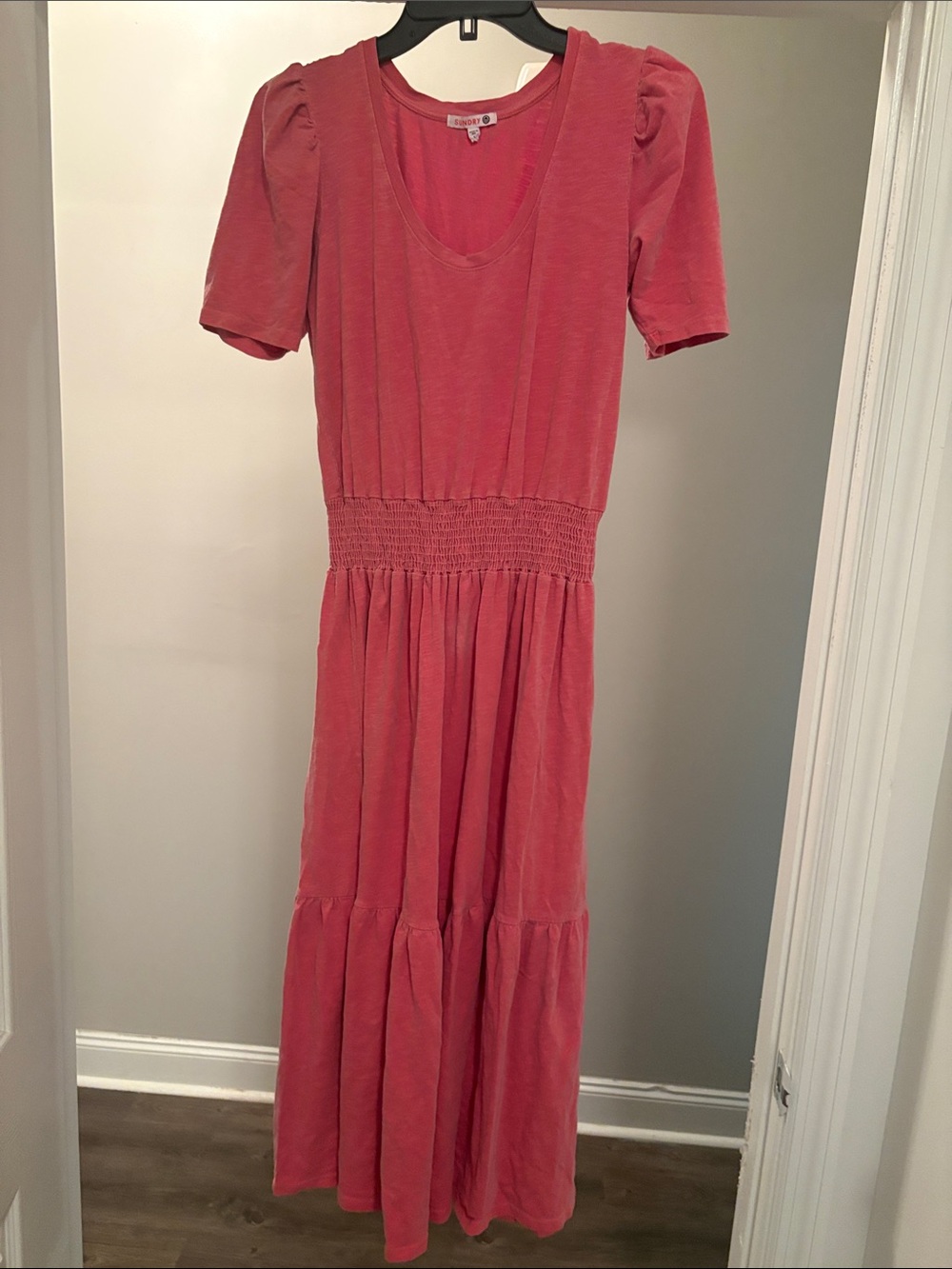 Sundry Coral Maxi Dress with Smocked Waist